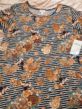 LuLaRoe Black White Striped High-Low Dress with Mustard Floral